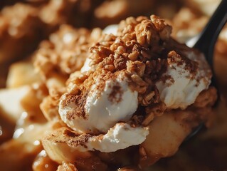 Caramelized Banana Dessert with Cream, Cinnamon, and Granola Close-Up