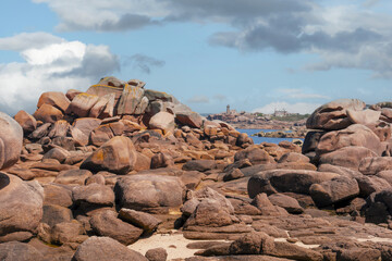 rocks and boulders on The Pink Granite Coast  a stunning stretch of coastline located in northern Brittany, France.