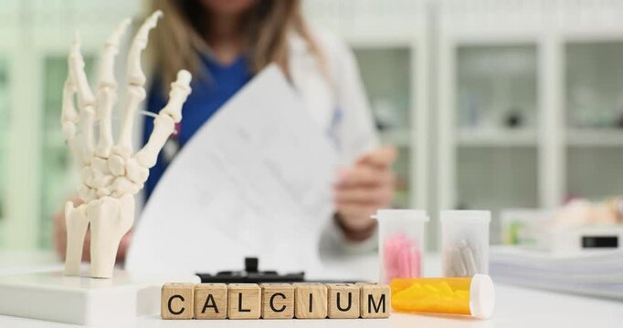 Woman doctor writes prescription for calcium supplements. Essential mineral for maintaining strong bones and preventing osteoporosis. Slow motion