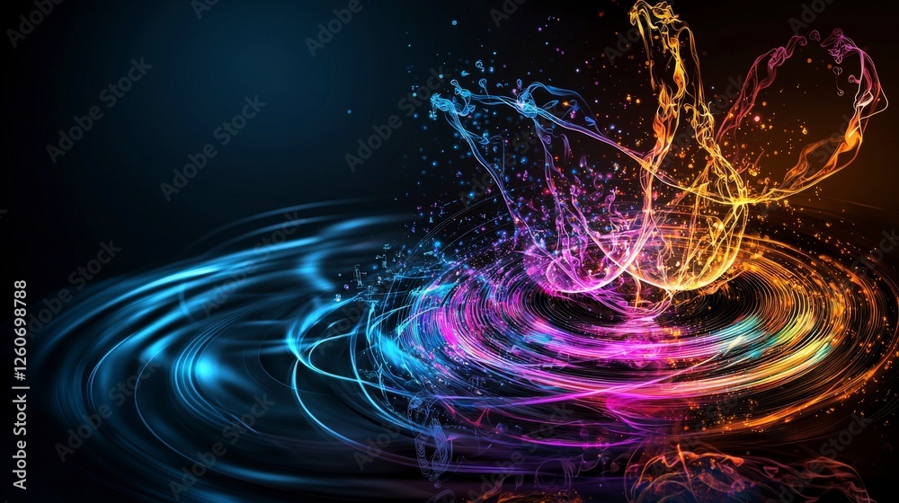 Poster Dynamic rhythmic movement of colorful water circles abstract art digital creation dark background