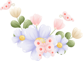 Happy Easter day watercolor elements. Cute little bunny and colorful flower.