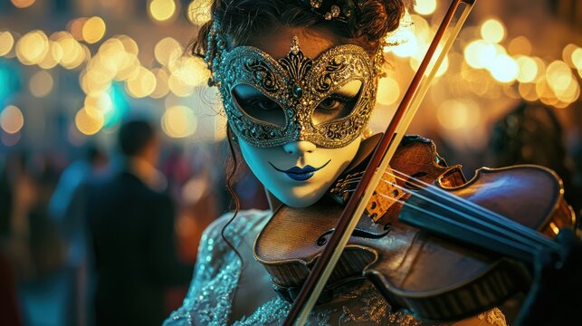 A masked performer playing the violin at an elegant ball.