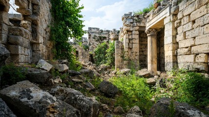 Fototapeta premium Exploring ancient city ruins crumbling stone walls historical site lush overgrowth ground level archaeological wonder