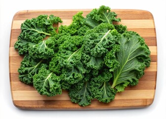 Fototapeta premium Fresh Kale Leaves on Wooden Cutting Board - A wooden cutting board with fresh curly kale leaves, showcasing their vibrant green color, crisp texture, and nutritional value for healthy meals.