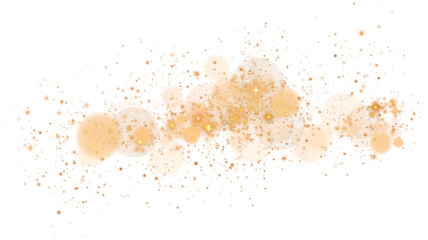 Glowing golden bokeh circles. Christmas background. Powder. Magic shining gold dust. Fine, shiny dust bokeh particles fall off slightly. Fantastic shimmer effect. PNG.