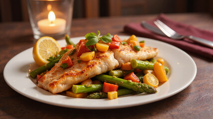 Grilled salmon with asparagus and lemon on white plate