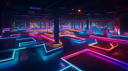 A vibrant indoor space with neon lights, designed for recreational activities like mini-golf.