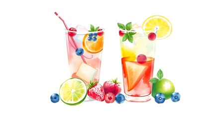 Summer drinks with ice, fresh berries, lemon and lime isolated on white