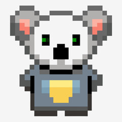 Pixel Art Koala Character in Retro Style with Green Eyes and Grey Outfit