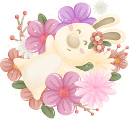 Happy Easter day watercolor elements. Cute little bunny and colorful flower.