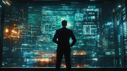 Visionary Leader Overlooking a Futuristic Cyber City