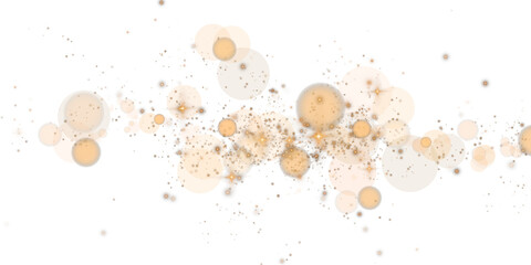 Glowing golden bokeh circles. Christmas background. Powder. Magic shining gold dust. Fine, shiny dust bokeh particles fall off slightly. Fantastic shimmer effect. PNG.