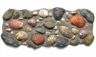 Seashells And Stones Arranged On Sand Border On White Background