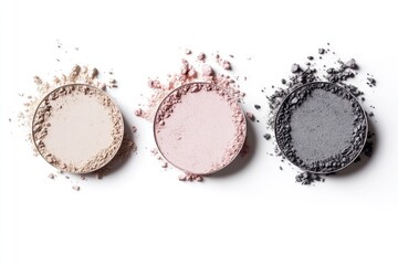Three eyeshadow palettes, scattered powder, studio shot, white background