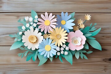 Obraz premium Wedding bouquet of flowers with rose and daisy.Flower decoration on the wooden table with place for text, backround for greeting card, colored romantic backround, cute small flowers made of paper.Fres