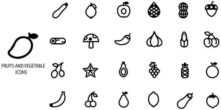 Fruits and vegetables simple concept 24 icons set. Contains such Apple,pineapple,strawvery,caroot,banana,onion,salad,orange,mashroom etc. Vector illustration.