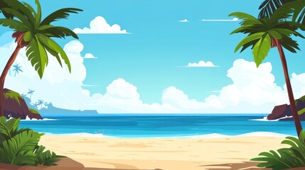 Obraz premium Tropical beach scene with palm trees, clear blue sky, and gentle waves lapping at the shore