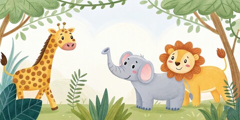Naklejka premium Adorable Cartoon Animals in a Safari Scene Surrounded by Lush Greenery and Tropical Plants