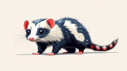 Illustration of a Cute Small Mammal with Black and White Fur and Distinctive Red Ears and Tail on a Plain Background