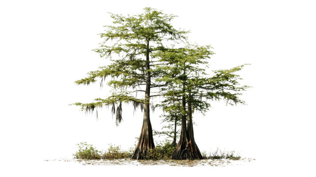 Two tall cypress trees on transparent background
