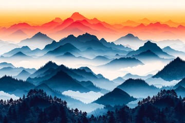 Obraz premium Misty Mountain Landscape, Abstract Illustration of Gradient Peaks and Fog for Travel Designs
