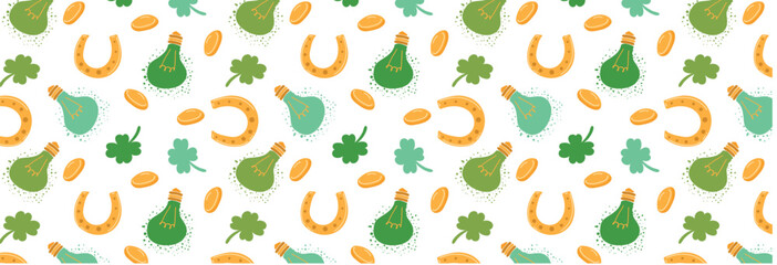 Pattern of green festive lights, horseshoes, coins and clovers in a trendy retro style. Festive colorful, seamless background for St. Patrick's Day. Decoration for the Irish holiday. Vector wallpaper.