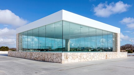 Fototapeta premium Modern Glass Pavilion, Coastal View, Architecture, Outdoor