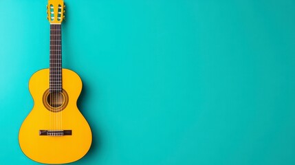 Fototapeta premium A vibrant, solid colored, yellow acoustic guitar is positioned against a pastel, aqua mint backdrop. The guitar, oriented vertically, has a simple