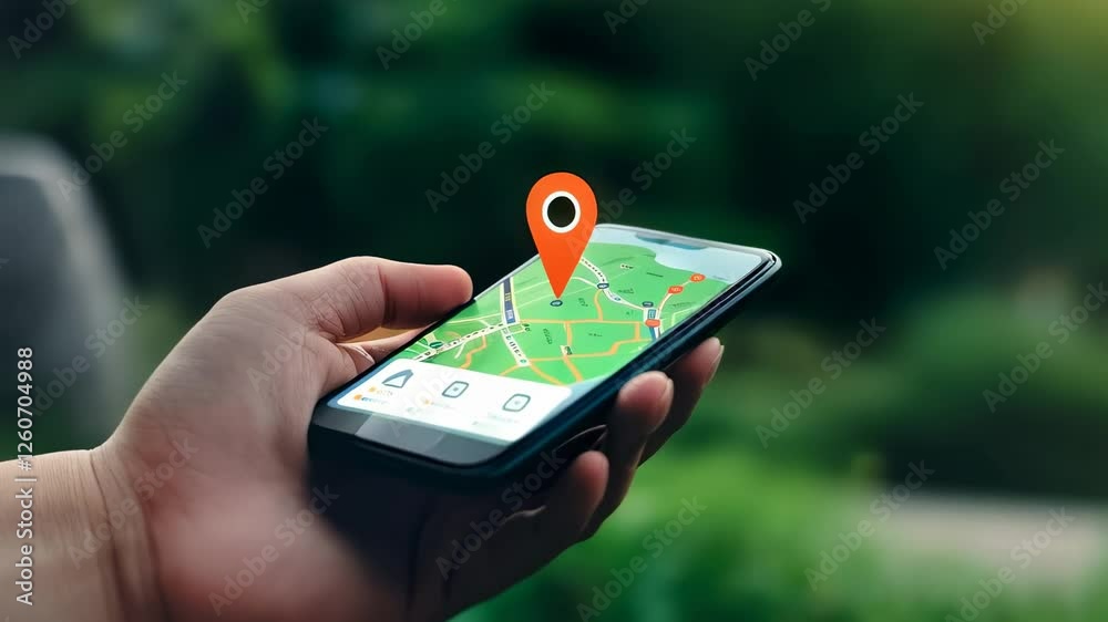 Poster tourist navigating city streets, using smartphone gps app, revealing current location pin on digital
