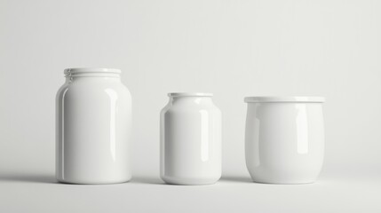 Three blank white jars on white background; packaging mockup