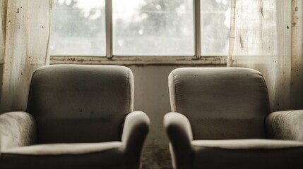 Obraz premium Two armchairs near window, abandoned room