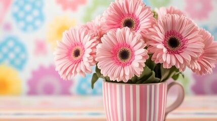 Pink Gerbera Daisies in Striped Mug Spring Flowers Bouquet