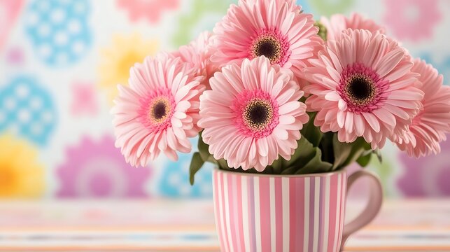Pink Gerbera Daisies in Striped Mug Spring Flowers Bouquet