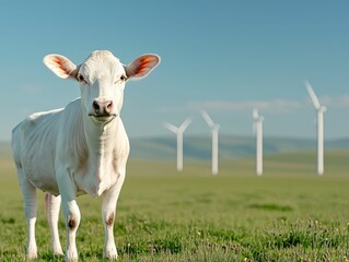 Obraz premium White calf in a green field with wind turbines.