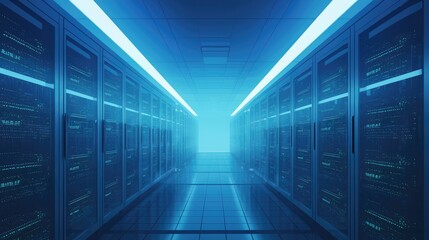 A futuristic data center with glowing server racks in a sleek, blue-lit corridor. Ideal for technology, cloud computing, cybersecurity, and digital infrastructure themes