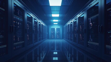 A high-tech data center with illuminated server racks in a dark, futuristic corridor. Ideal for technology, cloud computing, cybersecurity, and digital infrastructure themes