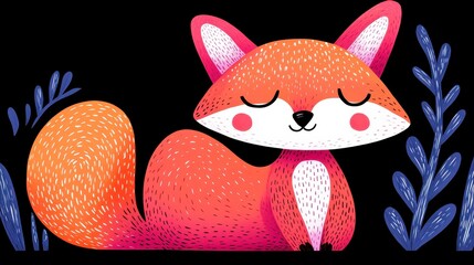 Cute cartoon fox illustration, vibrant colors, soft shading, stylized design, with a reddish orange body, white underbelly, and a fluffy tail