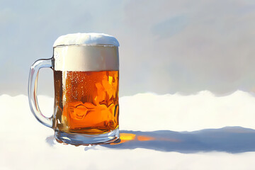 Illustrate a beer mug glistening under sunlight against a serene backdrop of white expansiveness