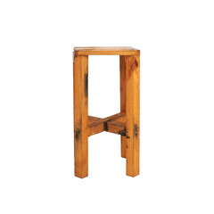 Rustic brown rooden stool chair isolated on square white background from front view.