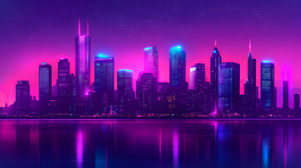Fototapeta premium A vibrant, neon-lit city skyline reflecting in water, evoking a futuristic atmosphere.