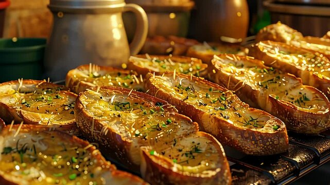 Golden, crispy garlic bread slices topped with melted cheese and herbs, fresh out of the oven, ready to serve.