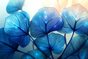 Illustrate a close-up of bioluminescent leaves in the foreground