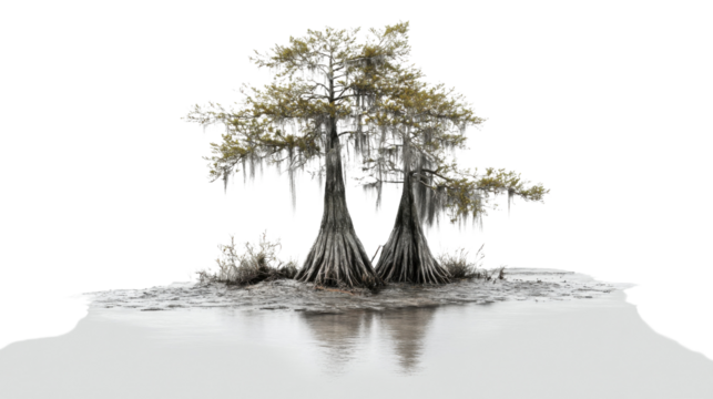 Two cypress trees reflecting on transparent background