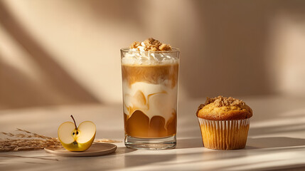 Autumnal Treat: A glass of layered caramel latte with whipped cream paired with an apple muffin, bathed in sunlight.