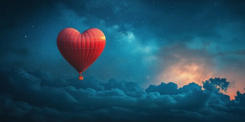 Fototapeta premium Hot air balloon in the shape of a heart on the background of the starry sky and Milky Way.