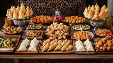 Diverse Middle Eastern pastries buffet, ornate background