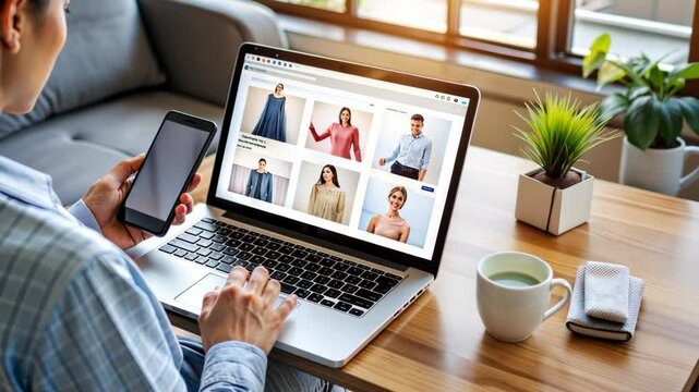Person Online Shopping for Clothes on Laptop and Mobile at Home. loop, looping,