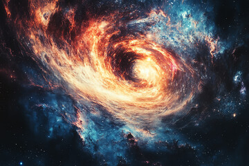 Illustrate a high-angle view of a black hole in deep space with cosmic colors and swirling patterns