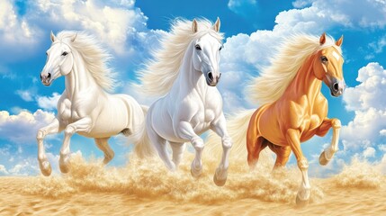Obraz premium Three white and golden horses gallop across a field of golden, sandy dunes against a backdrop of a bright, blue sky dotted with fluffy white clouds