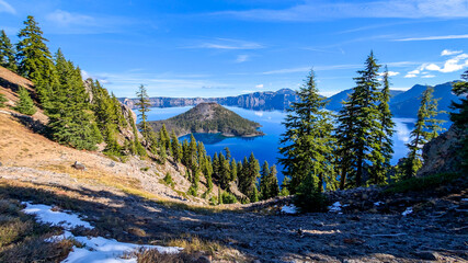 deep blue crater lake scenes on sunny day in october